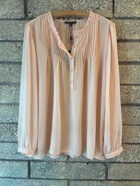 Adrianna Papell Peach Polka Dot Button-Front Blouse With Ruffle Detail Long Slee